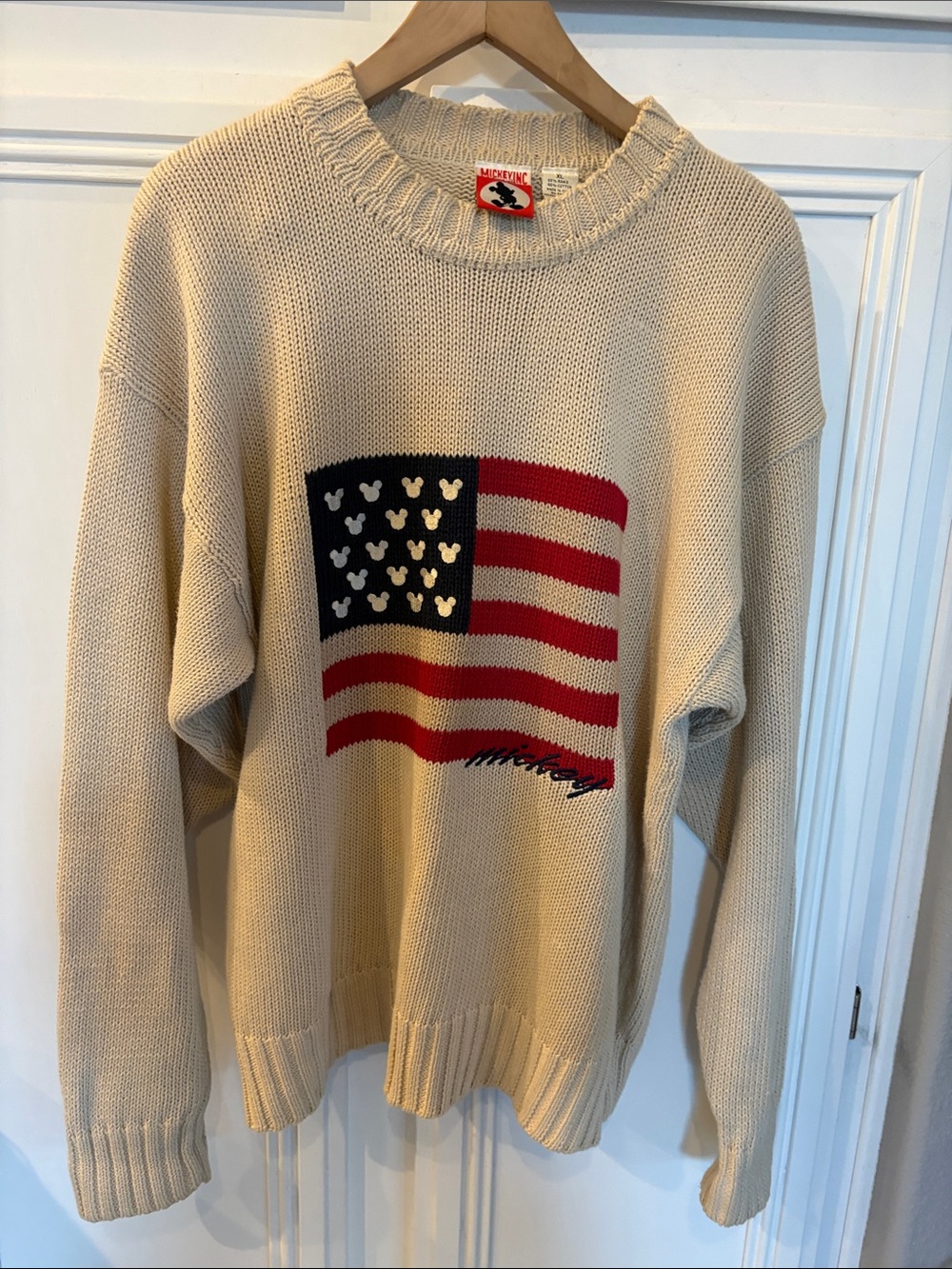 Vintage Mickey Inc American Flag Sweater XL men Mickey Mouse Knit Pullover USA